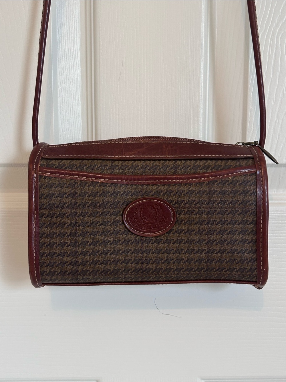 Vintage Rosetti Brown Herringbone Small Crossbody Bag Leather & Canvas